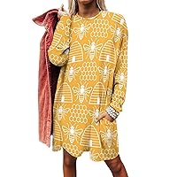 Bees and Hives Women's Long Sleeve T-Shirt Dress Casual Tunic Tops Loose Fit Crewneck Sweatshirts with Pockets