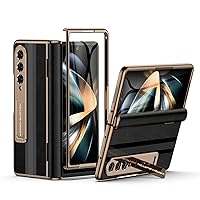 for Samsung Galaxy Z Fold 4 Phone Case [Luxury Premier Genuine Leather][Full Body Hinge Protection][Built-in Screen Protector][Kickstand Drop Proof Protective Cover] for Z Fold4 Black