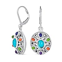 Western Jewelry Multicolor Gemstone Orange Purple Turquoise Round Circle Oval Medallion Disc Dangle Earrings For Women Oxidized .925 Sterling Silver Lever Back