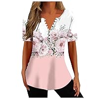 Women's Button Down Shirt Fashion 2024 Summer Short Sleeve V Neck T Shirts Printed Loose Flowy Casual Tunic Tops