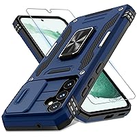 DEERLAMN for Samsung Galaxy S23 FE Case with Slide Camera Cover+Screen Protector(1 Pack),Rotated Ring Kickstand Military Grade Shockproof Protective Cover-Navy Blue