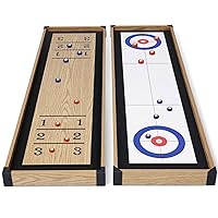 RayChee Shuffleboard and Curling 2 in 1 Board Games, Portable Two Sided Tabletop Shuffleboard Game Set w/8 Rolling Pucks, Wooden Table Top Shuffle Board Game for Kids and Adults