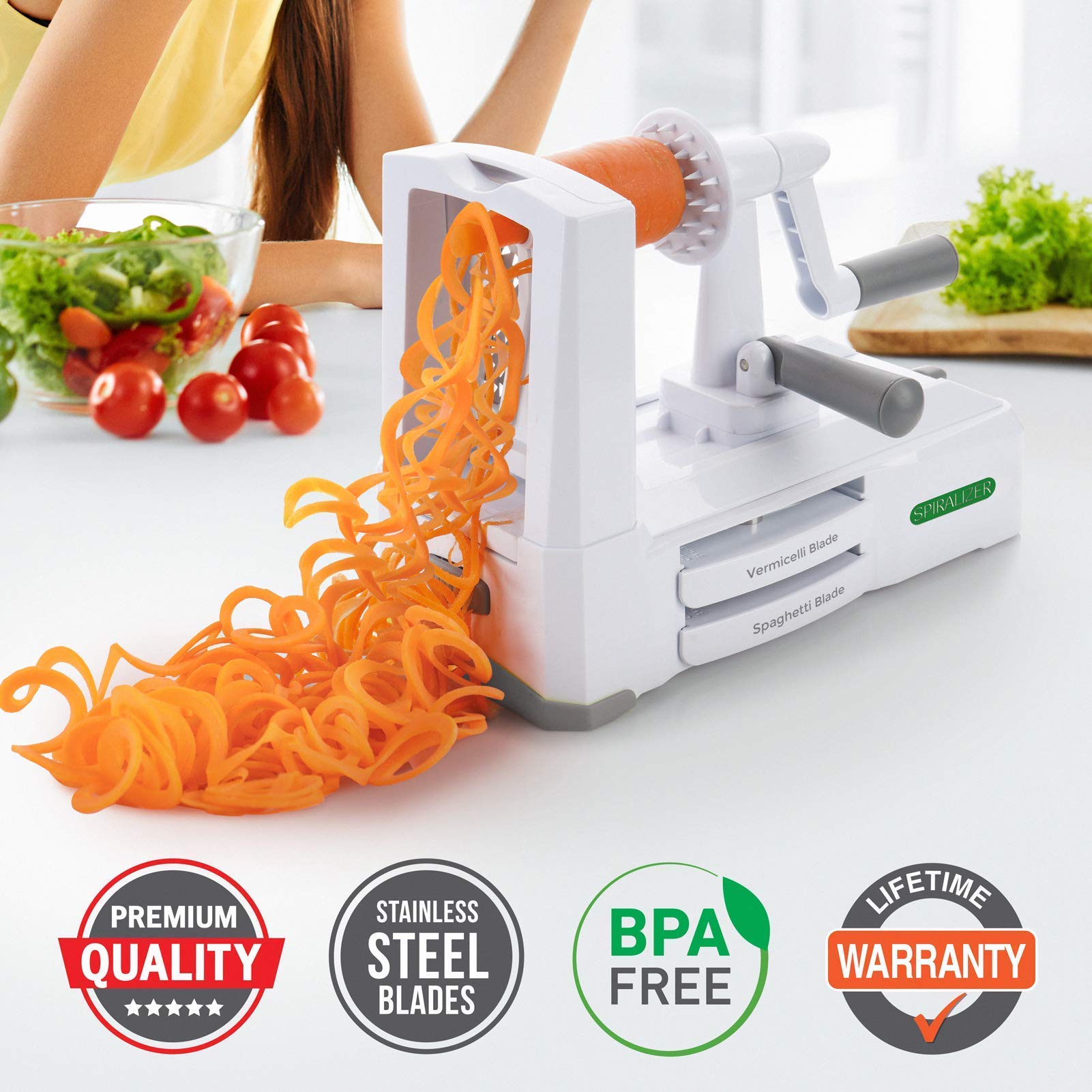 Spiralizer Ultimate 10 Strongest-and-Heaviest Duty Vegetable Slicer Best Veggie Pasta Spaghetti Maker for Keto/Paleo/Gluten-Free, With Extra Blade Caddy & 4 Recipe Ebook White