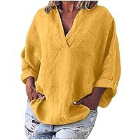 Women's Solid Color Linen Shirt Long Sleeve Tops for Women Shirt Fashion V Neck Blouse Relaxed Fit Tunic for Fall