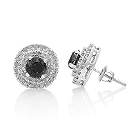 Ornaatis 2.16 Carat (Cttw) Round Cut White and Black Natural Diamond Halo Stud Earrings 10k Solid White Gold Screw Back
