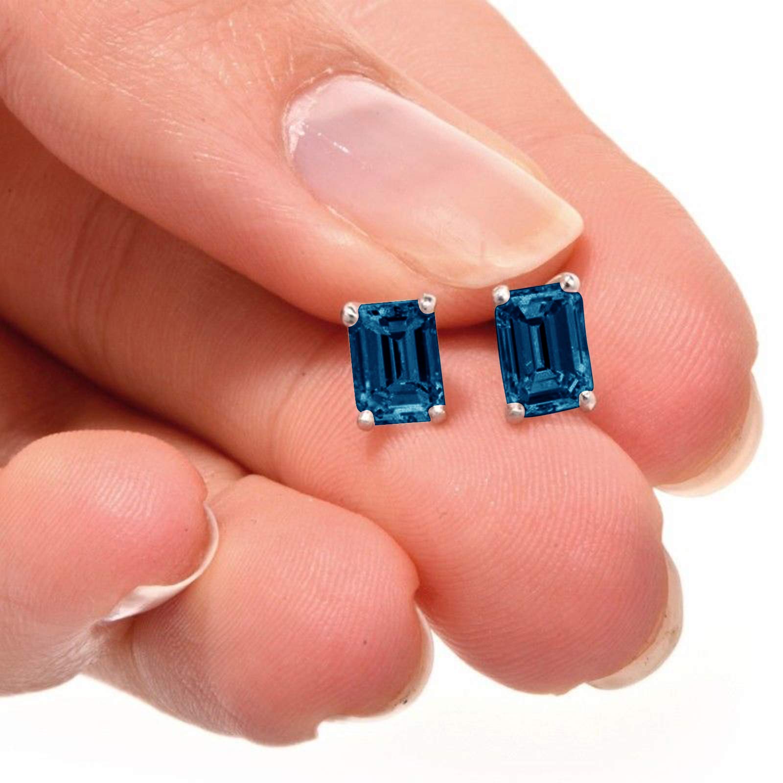 0.9ct Emerald Cut Solitaire Natural Royal Blue Topaz gemstone Unisex Designer Stud Earrings Solid 14k White Gold Screw Back conflict free Jewelry