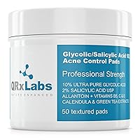 QRxLabs Glycolic/Salicylic Acid 10/2 Acne Control Pads with 10% Ultra Pure Glycolic + 2% Salicylic Acid, Allantoin, Vitamins B5, C & E, Calendula Green Tea - Most Effective Treatment Clear Skin