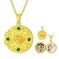 SOULMEET Personalized Solid 10K 14K 18K Gold Round Emerald Locket Necklace That Holds Pictures Custom Natural Gemstone Locket Pendant Necklace Gift for Wome Men