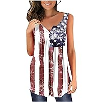 Womens American Flag Henley Tank Tops Tie Dye Distressed Pleated Tunic Shirts Summer Casual Sleeveless Blouses