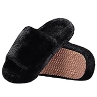 Women's Fuzzy Slippers Cross Band Memory Foam House Slippers Open Toe Plush Comfy Faux Fur Lined Slide Shoes Anti-Skid Sole
