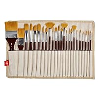 KINGART 210-24 Golden Nylon Hair Artist Brush Set, 24 Shapes & Sizes of Short Handle Round, Flat & Fan Paintbrushes in a Compact Brush Roll, Use for Oil, Acrylic and Watercolor Painting