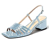 Women's Dress Square Open Toe Ankle Strap Slingback Patent Party Chunky Low Heel Sandals 2 Inch