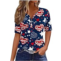 Deals of The Day Womens Patriotic Tops 2024 Trendy Summer Henley V Neck Buttons Tunic Shirts Short Sleeve Dressy Blouses T-Shirts