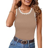 MEROKEETY Women's 2024 Summer Sleeveless Ribbed Tank Tops Knit Crewneck Racerback Fitted Contrast Casual Basic Shirts