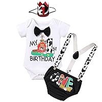 IMEKIS Baby Boys Farm Animals 1st Birthday Outfit Cake Smash Bowtie Romper + Shorts + Suspenders Cow Clothes for Photo Shoot