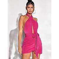 Dresses for Women - Backless Knot Front Wrap Mesh Halter Dress (Color : Hot Pink, Size : Medium)