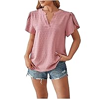 Womens Fashion 2024 V-Neck Crochet Pom Pom T-Shirts Casual Flowy Shorts Sleeve Dressy Tops Lightweight Tunics Blouse