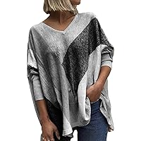 Womens V Neck Color Matching Tunic Tops Casual Soft Bat Sleeve Pullover Blouse Loose Bohemian Color Printing Shirt