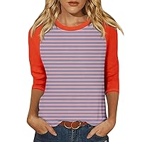3/4 Sleeve Shirts for Women,3/4 Length Sleeve Womens Tops Raglan Contrast Round Neck Tunic Shirt Summer Three Stripe Quarter Length Loose Top Summer Tops