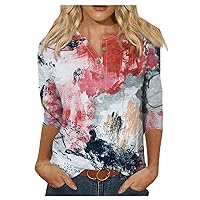3/4 Length Sleeve Womens Summer Tops 2024 Casual Loose Fit V Neck T Shirts Cute Print Button Down Tunic Blouses