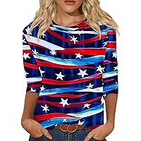 Patriotic Tops for Women 3/4 Sleeve Flag Print Americana Red White and Blue Shirts for Women Indepence Day Shirt