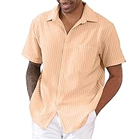 Mens Linen Shirt Summer Vacation Beach Casual Short Sleeve Striped Button Down Hawaiian Shirt for Men