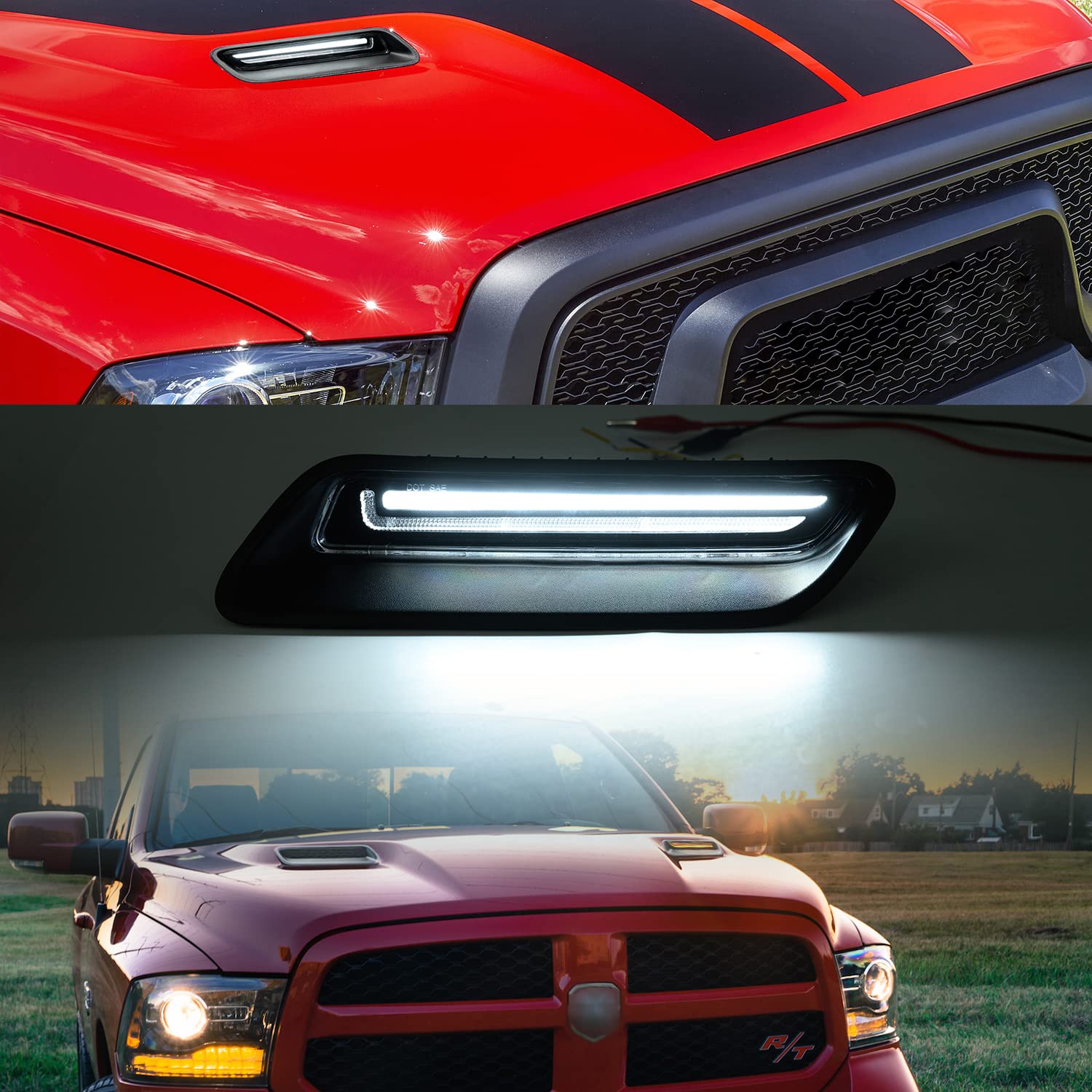 NSLUMO Led Vent Hood Scoop Light Bar Kit Compatible w/ 2010-2022 RAM 1500 Sport Hood Switchback White DRL Driving Lamp w/Amber Sequential Turn Signals Clear Lens OEM Air Hood Bezel Trim Replacement