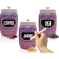 Mason Jar Ceramic Canister Set for Kitchen - Set of 3 Decorative Storage Containers with Air-Tight Lids for Coffee, Sugar & More - Country Style Storage w/Reusable Writable Surface - 12.85oz/Canister