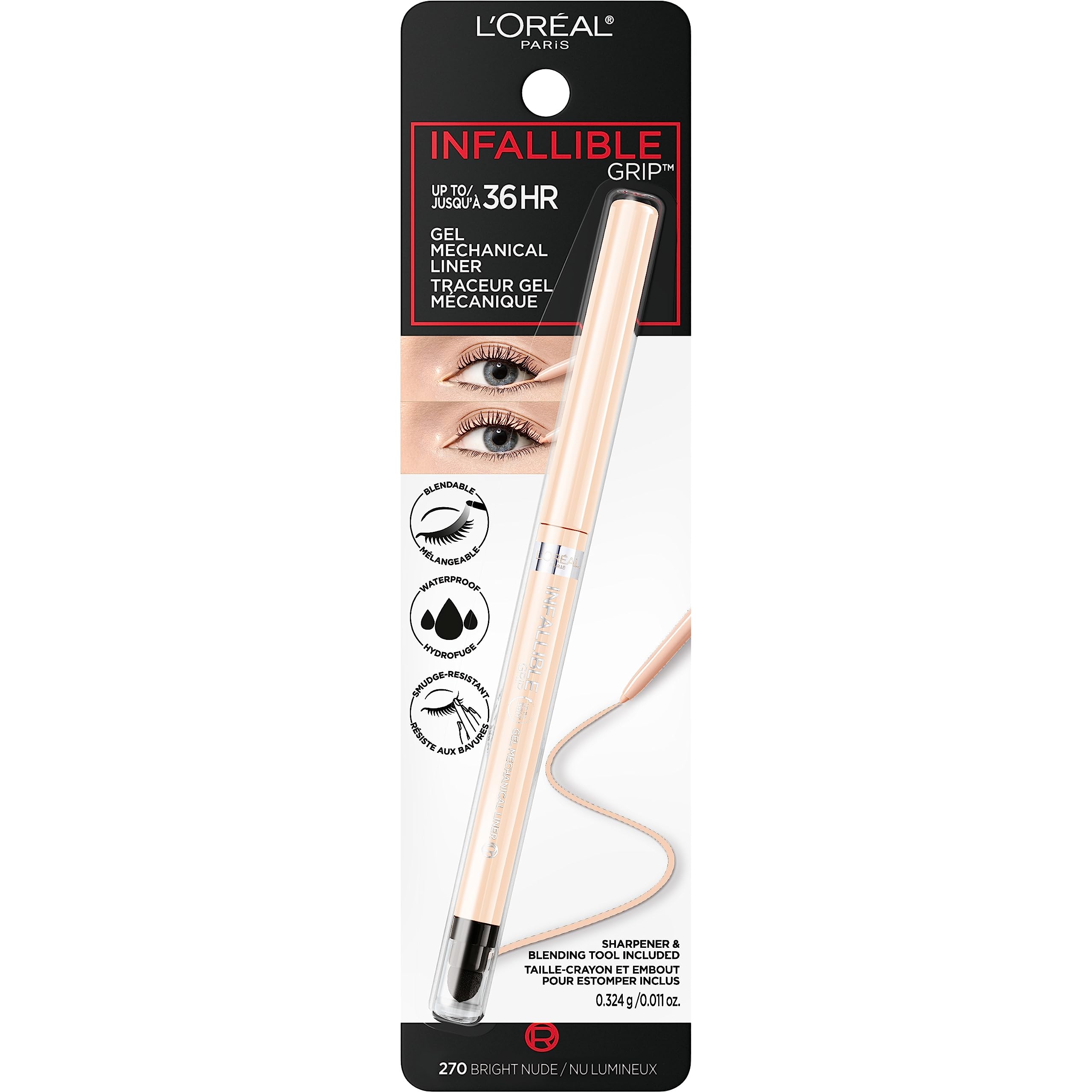 L'Oreal Paris Infallible Grip Mechanical Gel Eyeliner, Smudge-Resistant, Waterproof Eye Makeup with Up to 36HR Wear, Bright Nude, 0.01 Oz