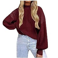 Daily Deals Lantern Sleeve Ribbed Sweater Women Solid Jumper Tops Mock Neck Knitted Pullover Trendy Loose Sweaters Shirts Suéter A Rayas De Algodón Wine