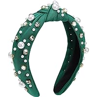 WantGor Pearl Knotted Headband, Women Rhinestone Embellished Hairband Elegant Wide Top Knot Bride Headbands Headpieces Party Fashion Elegant Ladies Hair Band Hair Hoop Accessories (Green)