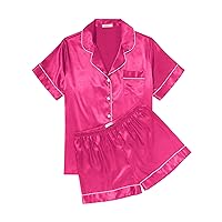 Ekouaer Womens Silk Satin Pajama Sets Soft Short Sleeve Button Down Sleepwear Top and Shorts 2 Piece Pjs Lounge Set S-XXL