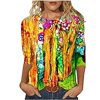 Floral Women's T-Shirts Stone Print 3/4 Sleeves Tops Blouses Round Neck Fashion Tunic Clothing Vacation Fall Tees