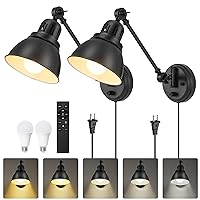 Remote Plug in Wall Sconces Set of Two,Stepless Dimming & Stepless Colors 2700K-6500K,Wall Lamp with Plug in Cord,Plug in Wall Light with Night Light & Timer,Hardwire or Plug-in,LED Bulbs Included