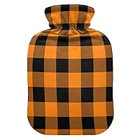 Hot Water Bottles with Cover Orange Plaid Hot Water Bag for Pain Relief, Kids Adults, Warm Water Bag 2 Liter