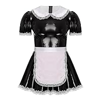 YiZYiF Mens French Maid Cosplay Costumes Outfits Patent Leather Short Sleeve Flared Dress with Apron