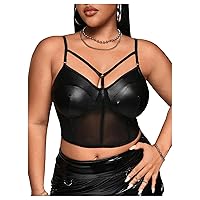 MakeMeChic Women's Plus Size Corset Faux Leather Mesh Crop Cami Top Sleeveless Spaghetti Strap Summer Tops