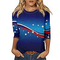 Independence Day Summer 3/4 Sleeve Tops for Women USA Printed Flag Day Crewneck Casual 4th of July Shirts