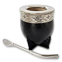 Black - Yerba Mate Gourd (Mate Cup) - Uruguayan Mate - Leather Wrapped - Includes Stainless Steel Bombilla. (Mate Imperial) - Mate Cup and Bombilla Set. (Guarda Pampa)