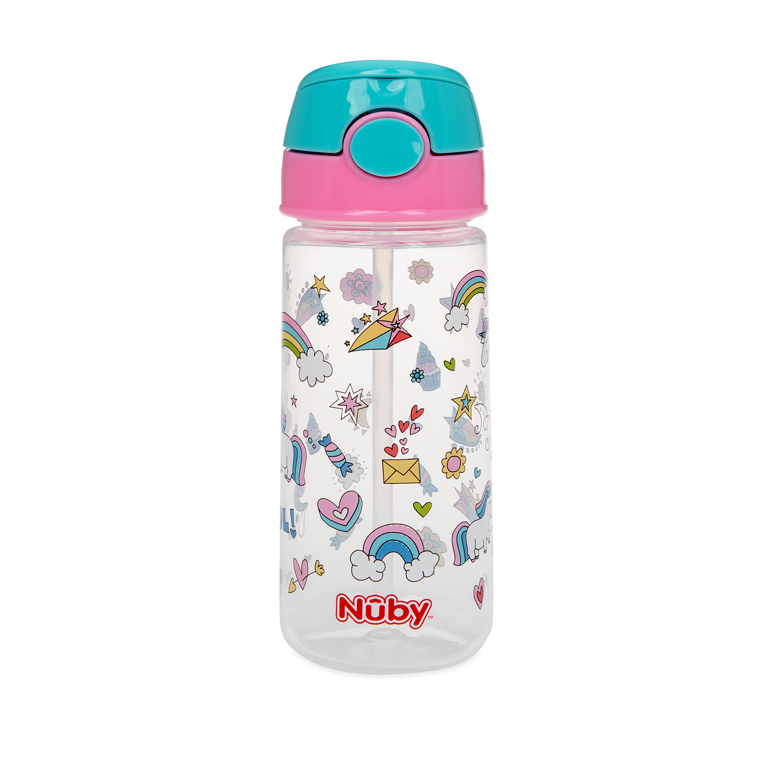 Nuby 2-Pack Kid’s Printed Flip-it Active Water Bottle with Push Button Cap and Soft Straw - 18oz / 540ml, 18+ Months, 2-Pack, Prints May Vary