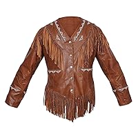 Women's Native American Western Dark Brown Cow Hide Leather Jacket with Fringe & Beads (Free Express Shipping)