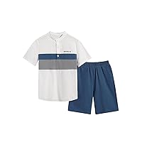 COZYEASE Boy's Casual 2 Piece Outfits Letter Print Color Block Short Sleeve Tee Shirt and Shorts Loose Summer Set