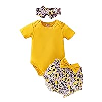 Baby Blankets Set for Girls Headbands Girls Shorts Bodysuitt Floral Printed Outfits Sleeve Baby (Yellow, 6-9 Months)
