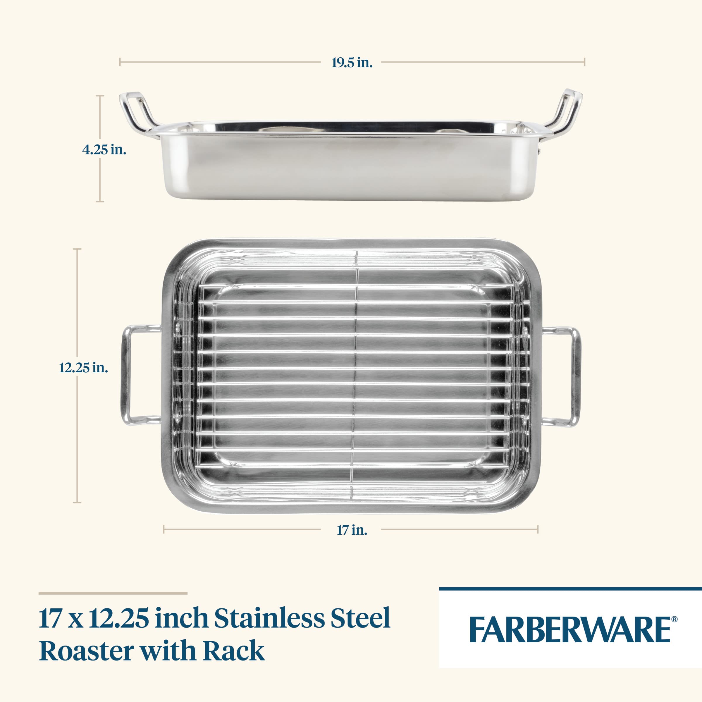 Farberware Classic Traditions Stainless Steel Roaster/Roasting Pan with Rack, 17 Inch x 12.25 Inch