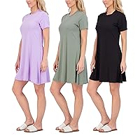 Real Essentials 3-Pack: Womens Soft Lounge Swing Casual T-Shirt Dress (Available in Plus Size)