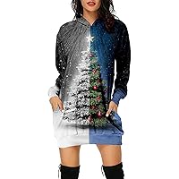 Women's Christmas Dress Fashion Printed Pockets Long Sleeve Dress Pullover Dress, S-2XL