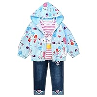 Peacolate Spring Autumn Little Girl 3pcs Set Print Long Sleeve T Shirt Hoodie Jacket and Embroidered Jeans(Blue,3-4 Years)