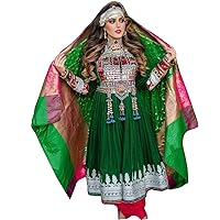 Afghan Kuchi Handmade Traditional Embroidered Women Afgani Velvet Dress Green and Red Medium Size