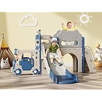 Toddler Slide, 9 in 1 Kids Indoor Bus Slide for Toddlers 1-3, Baby Indoor Outdoor Slide with Basketball Hoop and Bus Play House, Bus Toddler Slide Playset Toddler Playground(Blue&Gray)