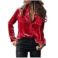 Womens Winter Velvet Shirts, Long Sleeve Button Down Casual Tee Shirts, Elegant Solid Loose Fit Tops with Pocket